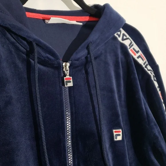 90's Style Fila Navy Blue Velour Velvet Zip-Up Hoodie Logo Down Arms Large - Picture 3 of 11